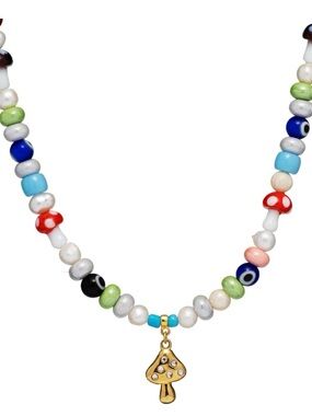 Mayamar Gold Mushroom Charm Multicolor Chunky Pearl & Bead Festive Necklace